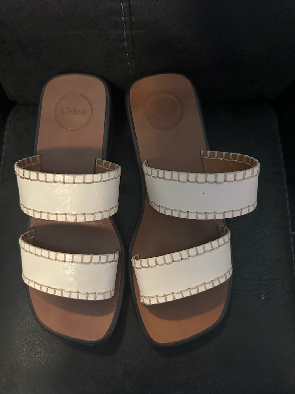 Chloe Cream Double-Strap Leather Slide Sandals